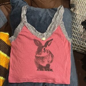 Pink Tank Top with Rabbit Print and Lace Trim